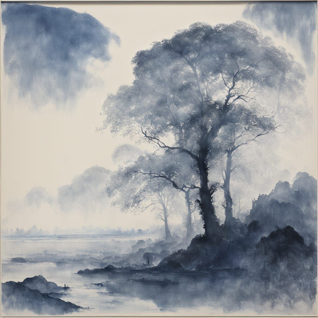 Blue Aquatint Etching in Norman Ackroyd Style