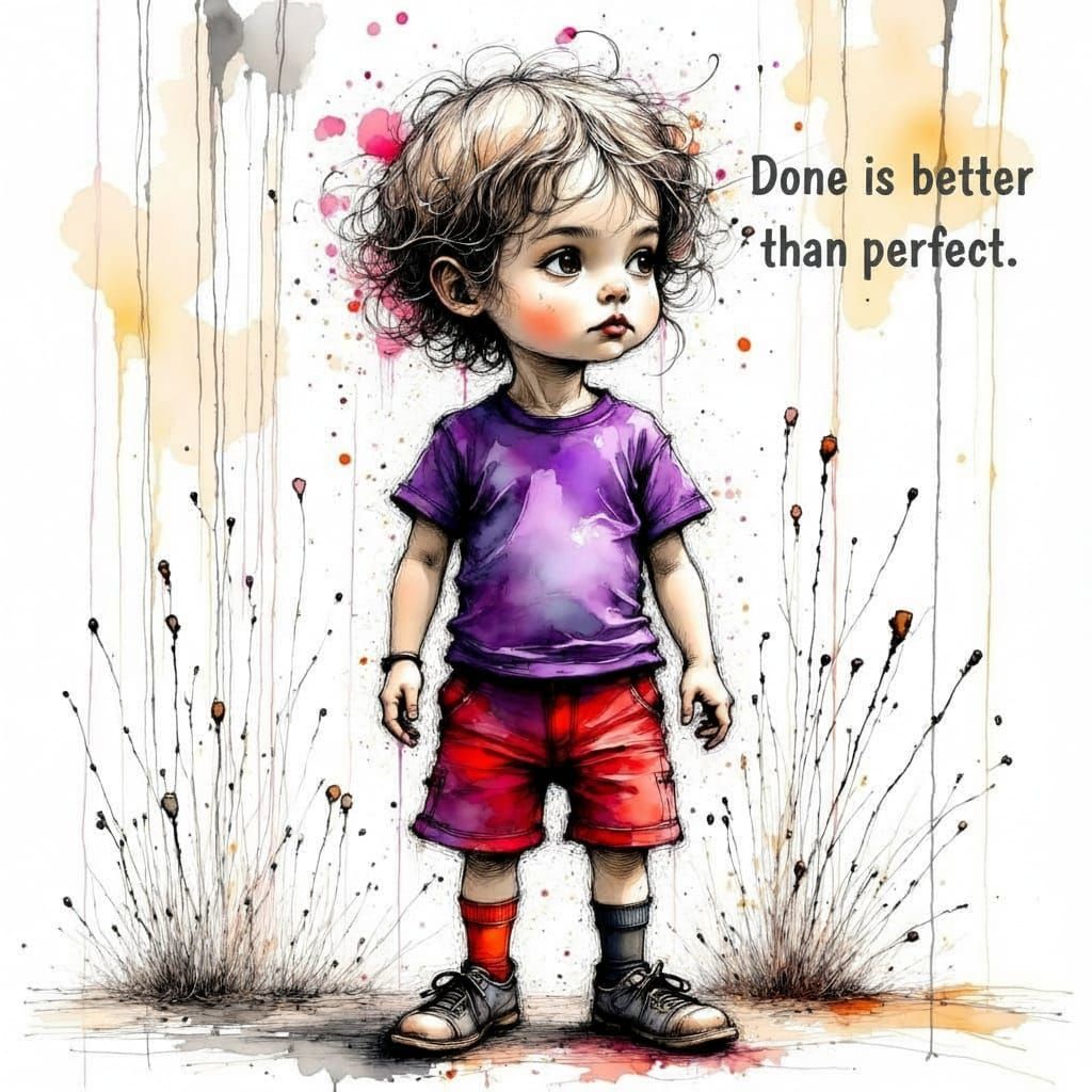 Child Wearing Mismatched Socks in Ink Line Art Style