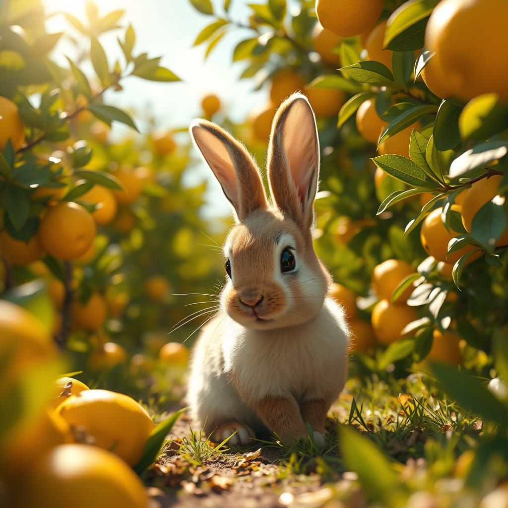 Vibrant Bunny Explores a Sunny Lemon Grove in Dreamlike Deta...