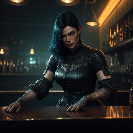 Alien Barmaid in Nightclub: Hyperrealistic Concept Art