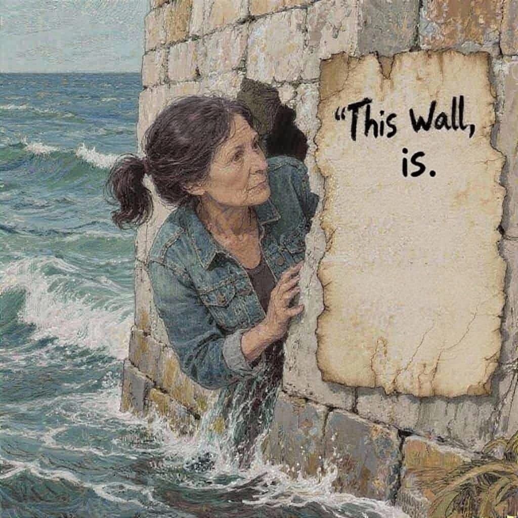 Woman Peeking Through Wall: Ink Drawing