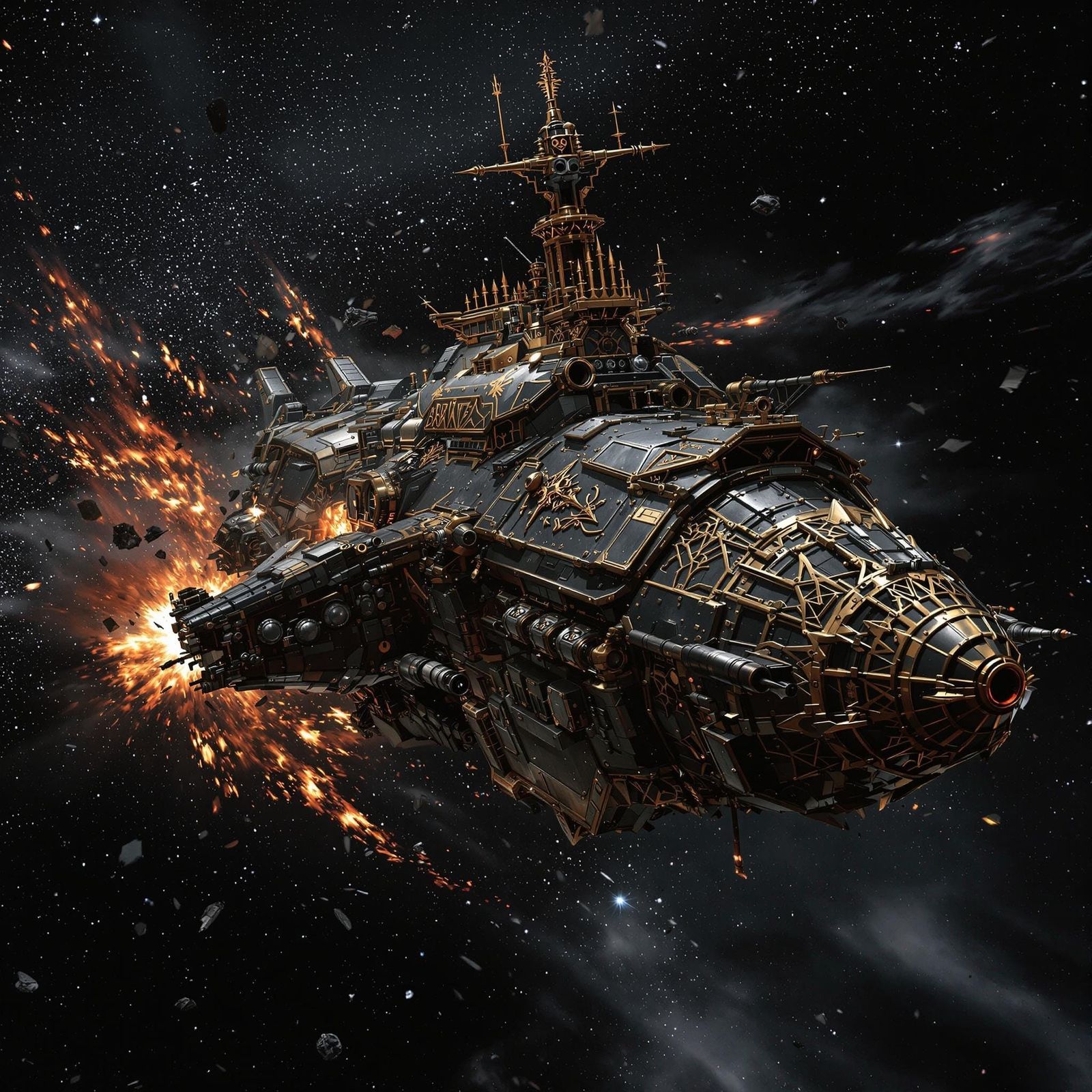 Gothic Space Warship Hurtles Through Starry Void