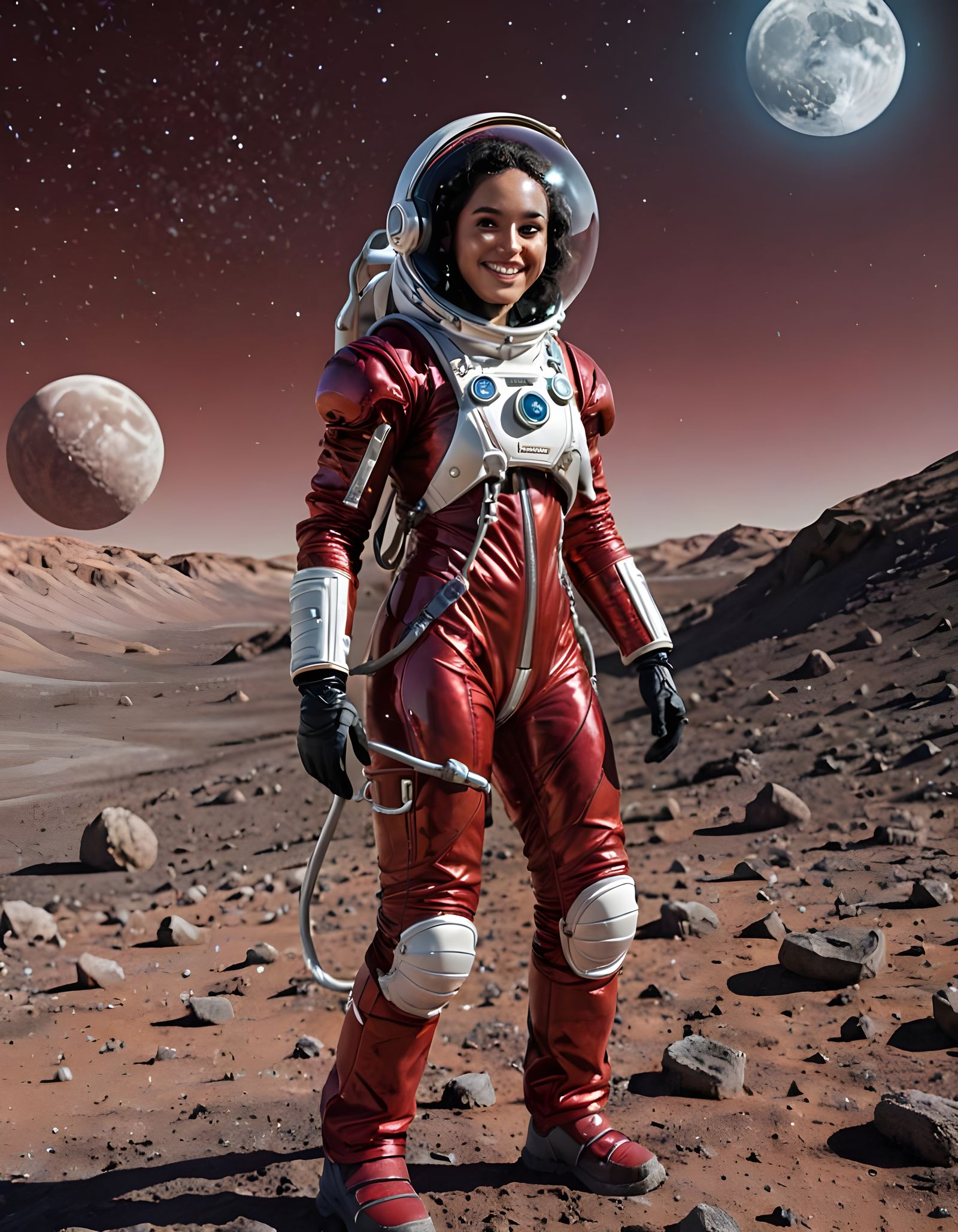 Astronaut Exploring Moon in Ruby Spacesuit