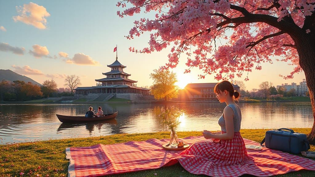 Serene Cherry Blossom Picnic at Sunset