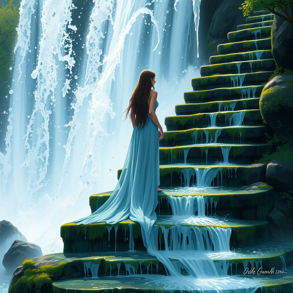 Woman at Waterfall Cascade in Comic Book Style