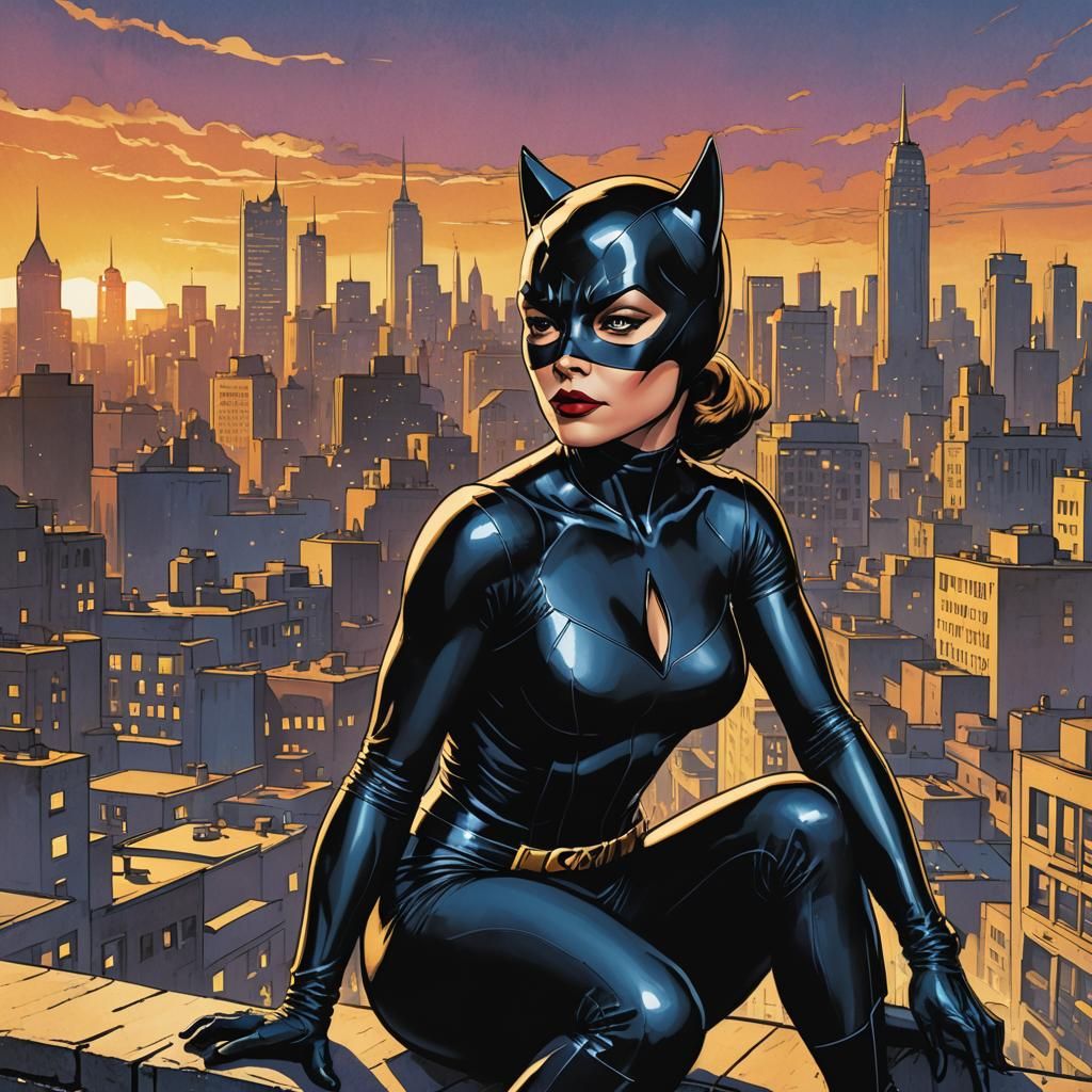 Catwoman on Gotham Rooftop in Retro Comic Style