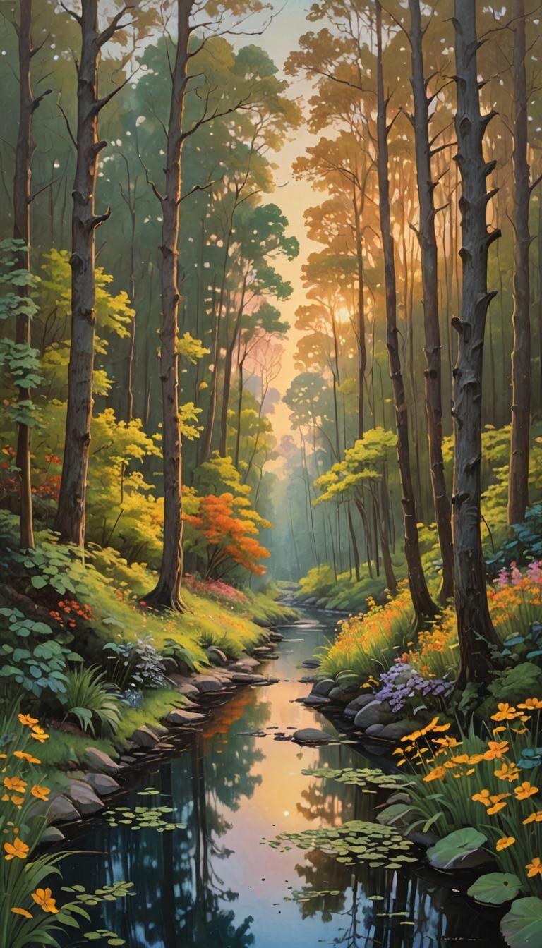 Sunset Forest Path Oil Painting