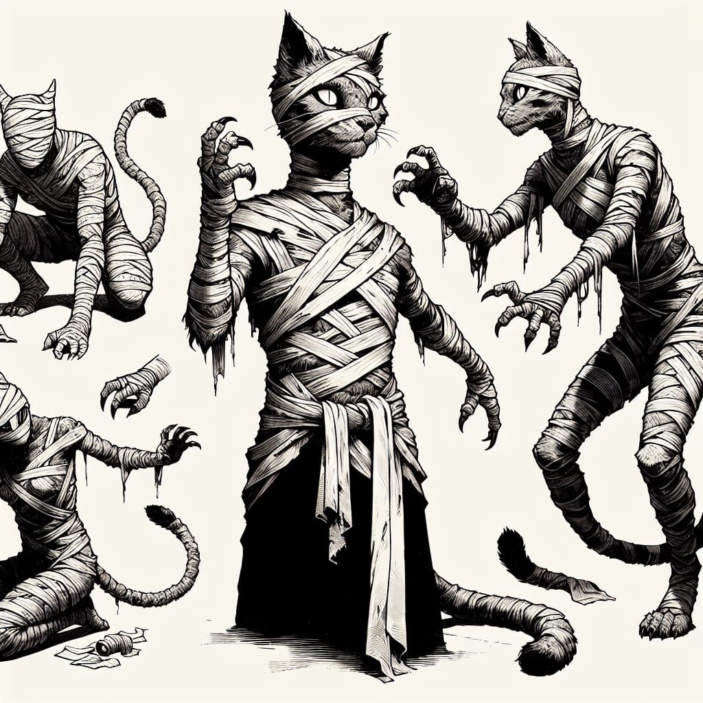 Mummified Catfolk Character Study in Etching Style