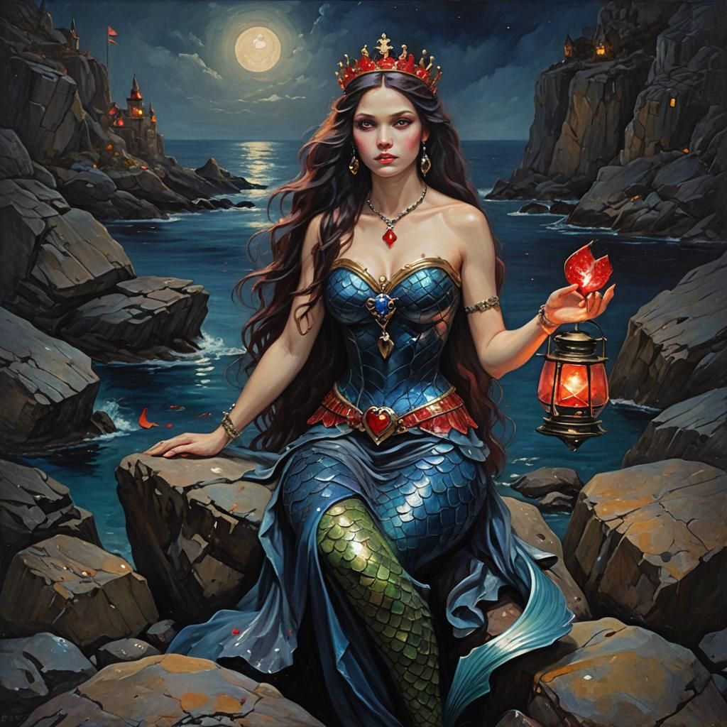 Mermaid on Rocks with Lantern, Oil Painting
