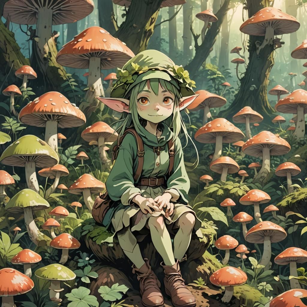 Anime Goblin Girl in Mushroom Forest, Manga Style