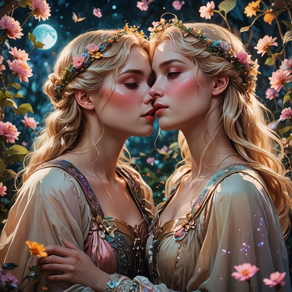 Dreamy Art Nouveau Portrait: Girls Kissing in Moonlight