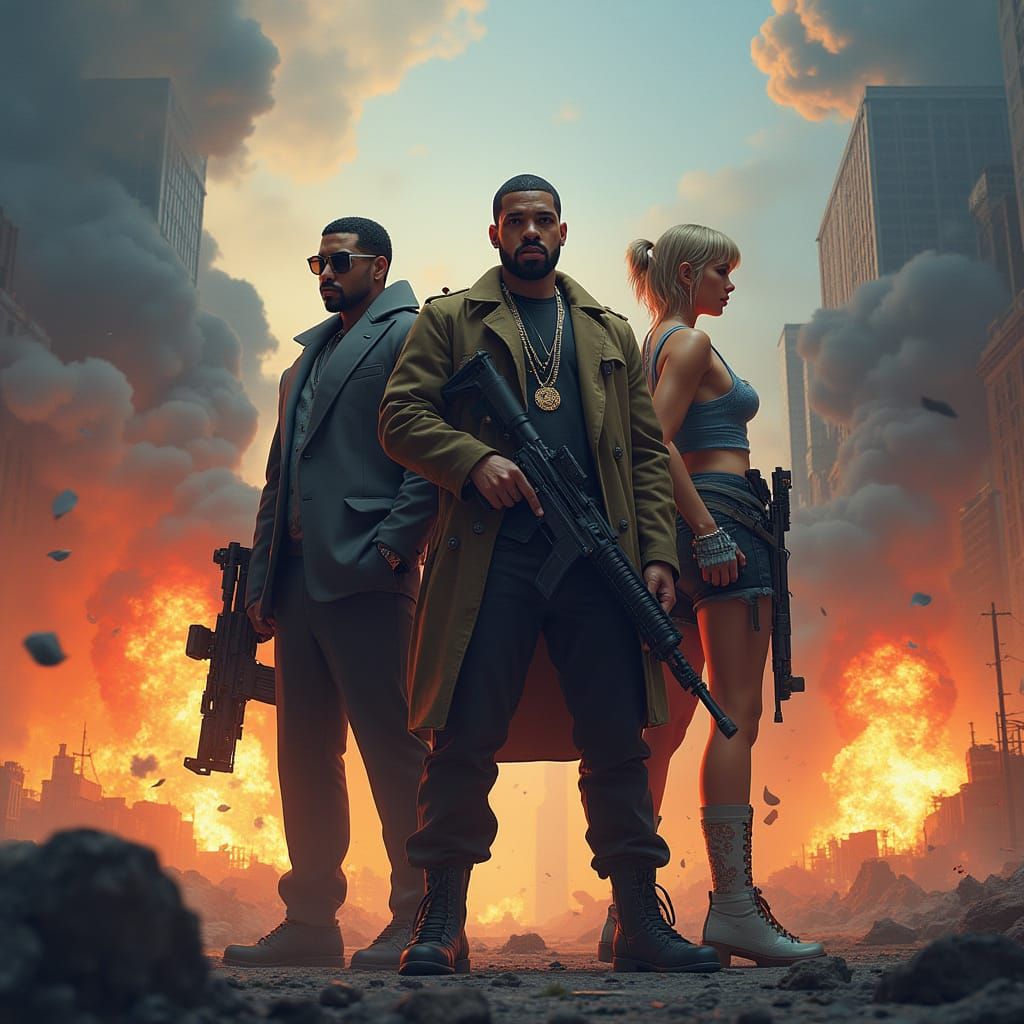 Determined Trio Stands Against Destruction in a Futuristic C...