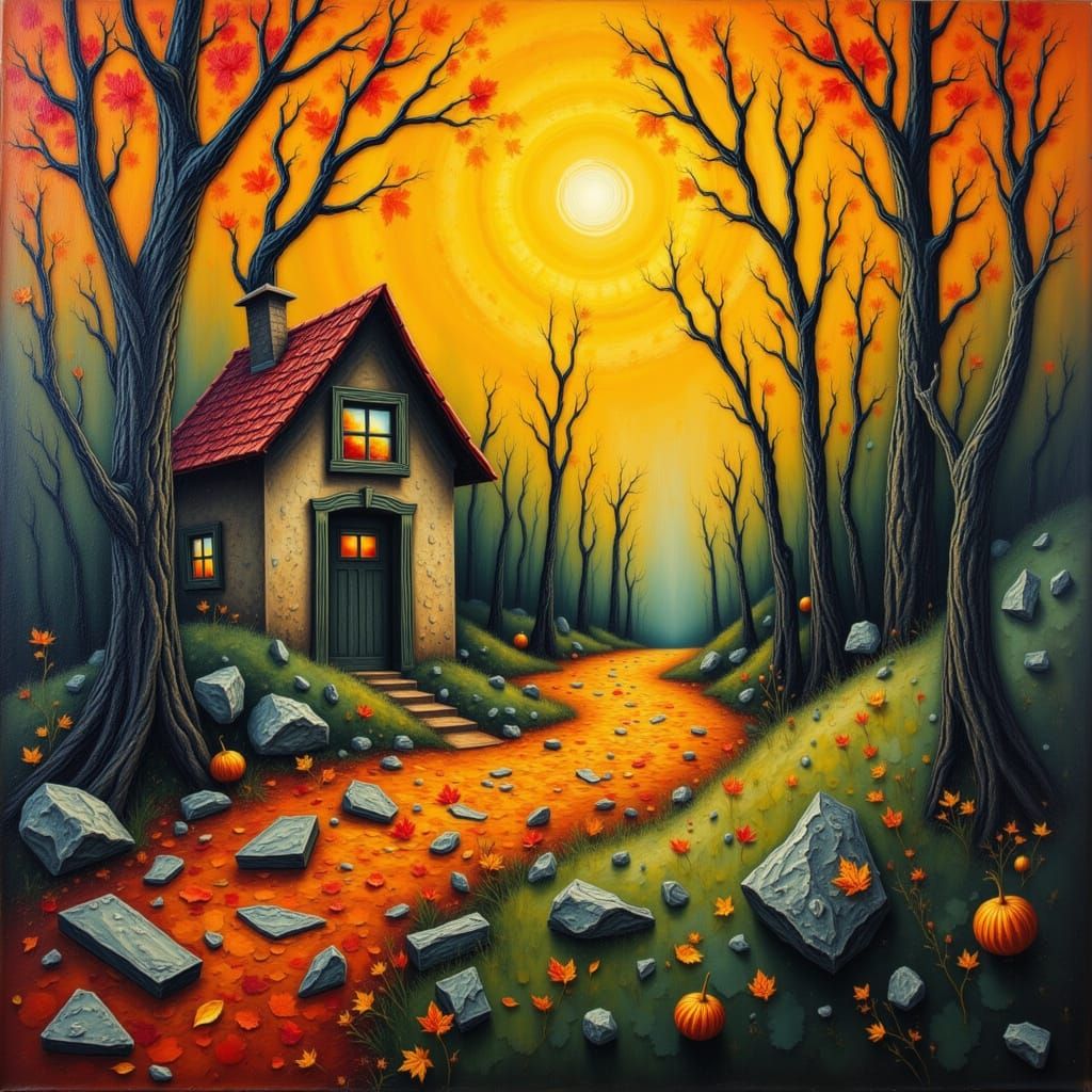 Charming Autumn House with Red Roof in Forest