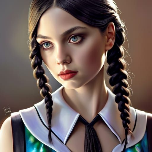 Wednesday Addams Portrait in Detailed Digital Art Style