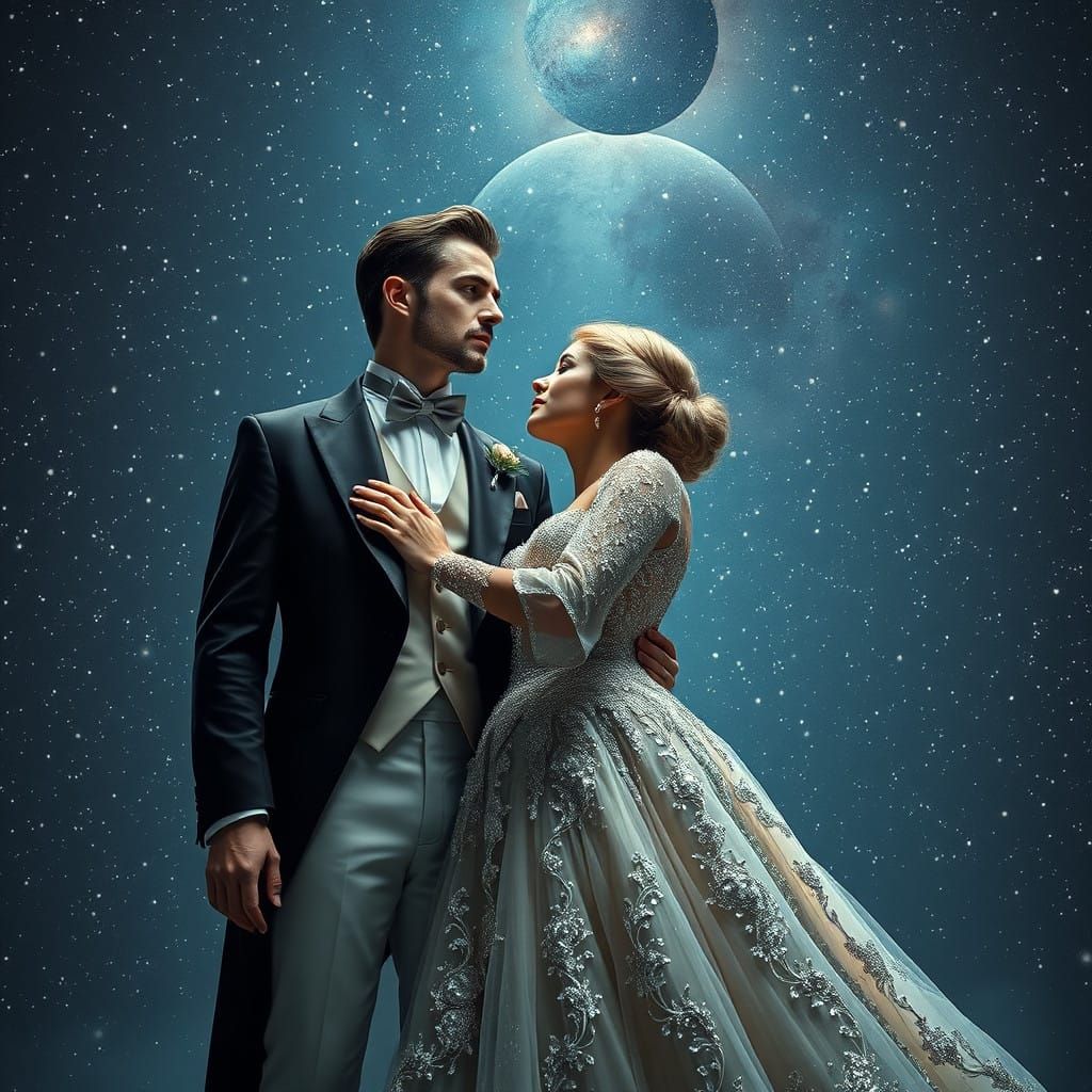 Regally Attired Couple Embracing under a Celestial Canvas