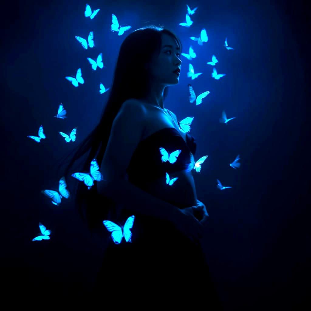 Asian Woman Surrounded by Vibrant Butterflies in a Dark Room