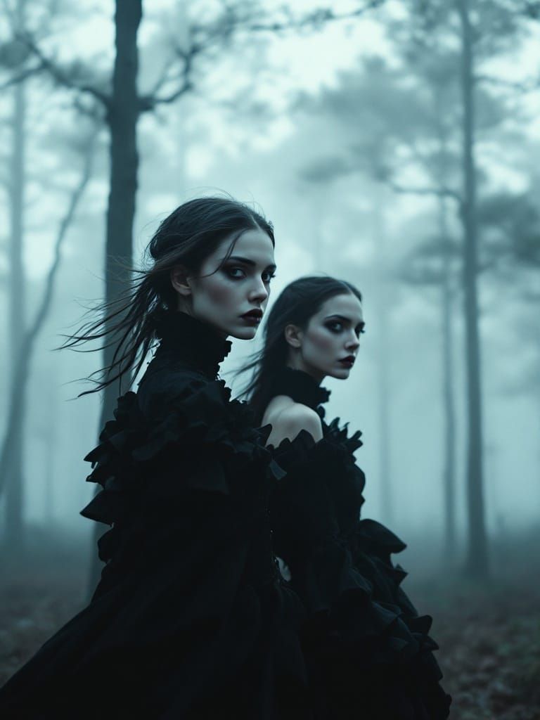 Gothic Women in Foggy Forest: Cinematic Still
