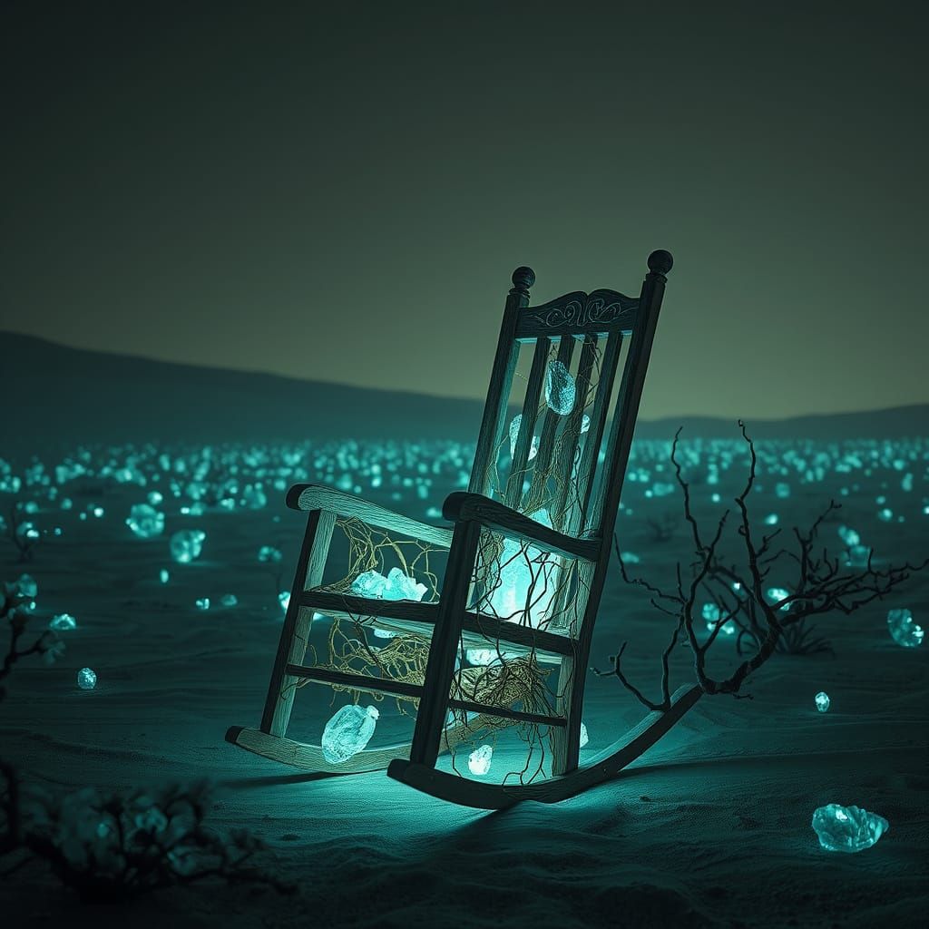 Rocking Chair in Alien Desert with Bioluminescent Flora
