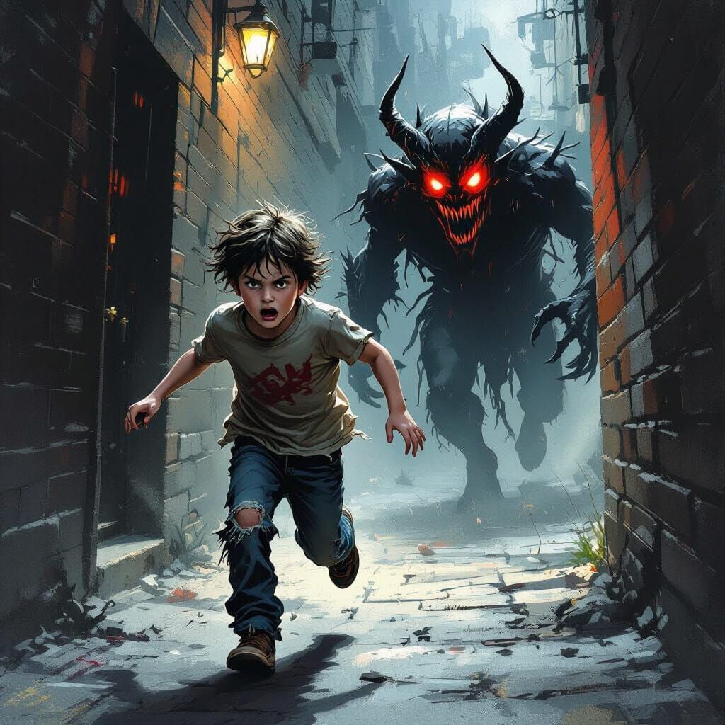 Terrified Child Running from Demon in Dark Alley