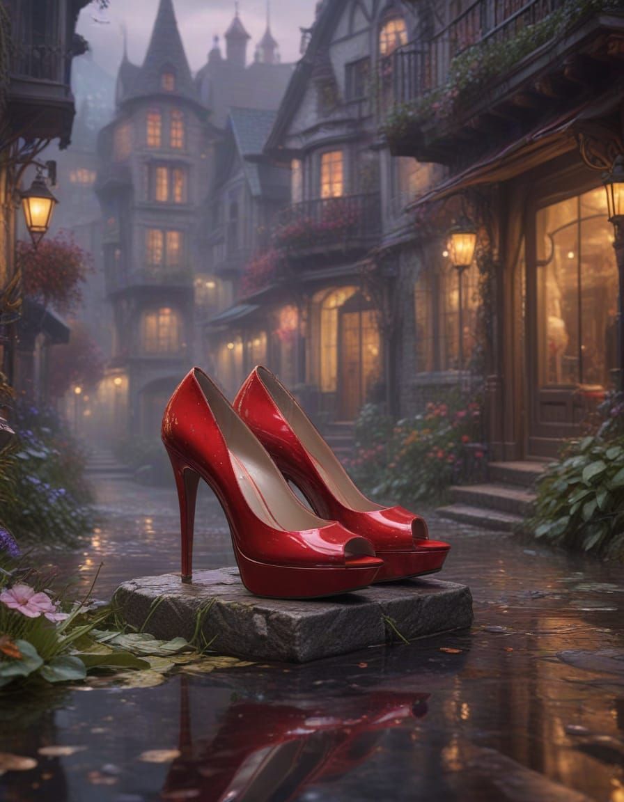 The image prominently features a pair of striking red stiletto platform high heels, showcasing their bold design and glo...