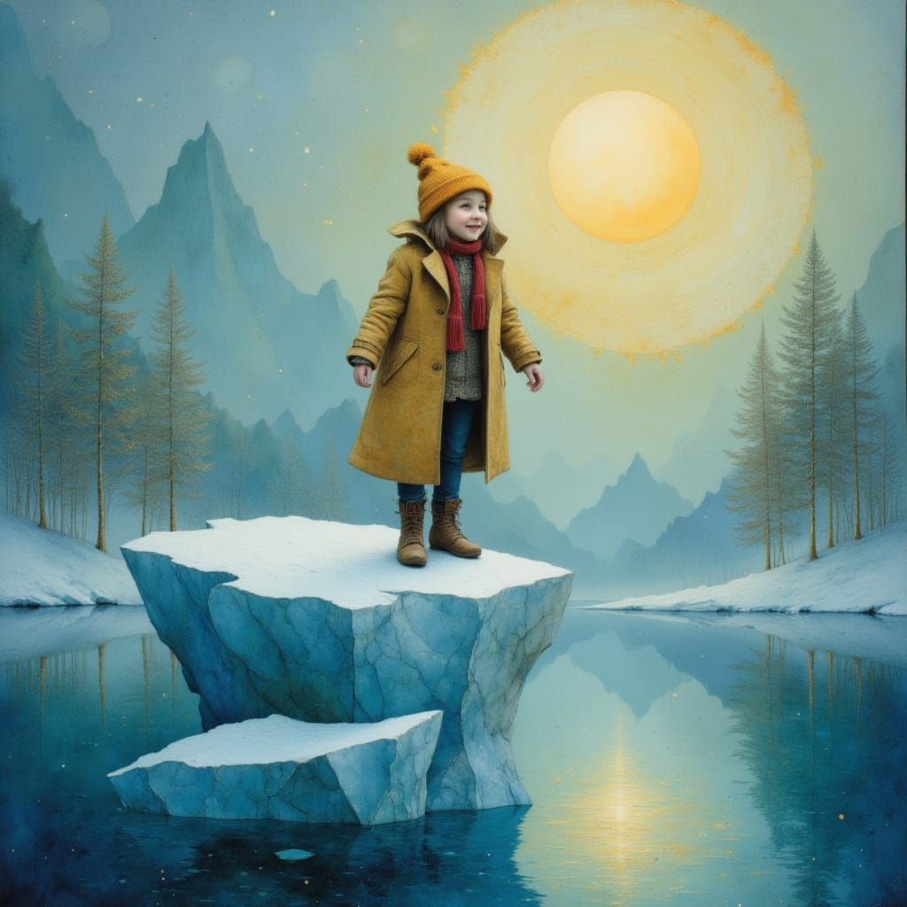 Joyful Figure on Serene Iceberg in Snowy Landscape