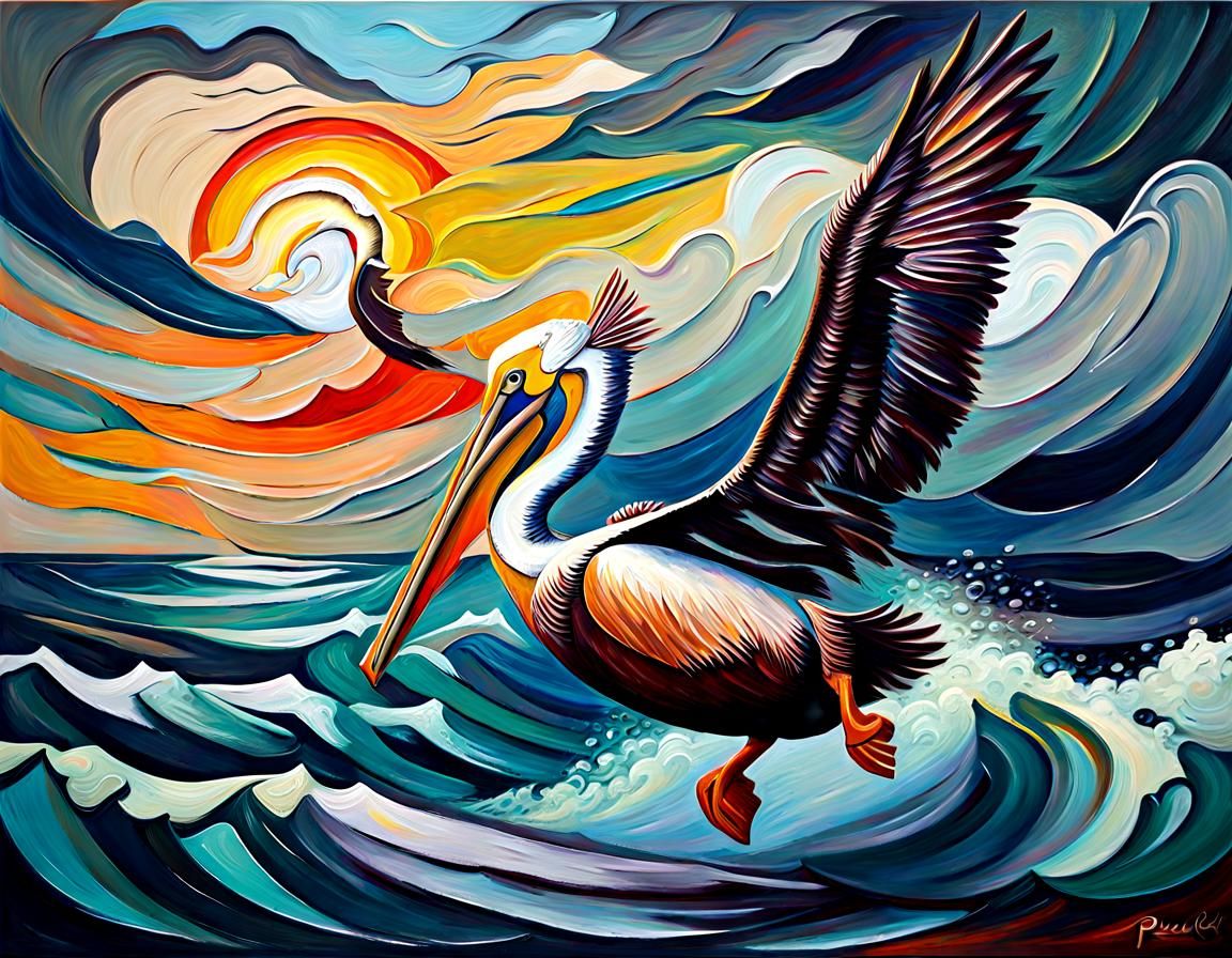 Pelican Dive: Expressionist Oil Painting of Stormy Sea