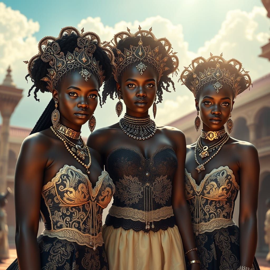 Gothic Benin Beauties in Royal Court, Hyperrealistic Style