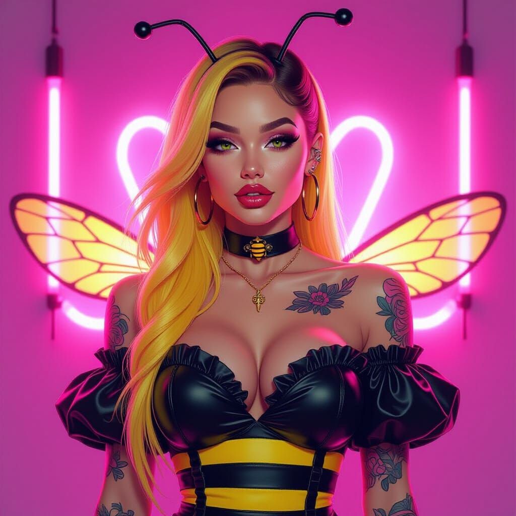 Vibrant Lady in Neon Bee Costume, Art Nouveau Style