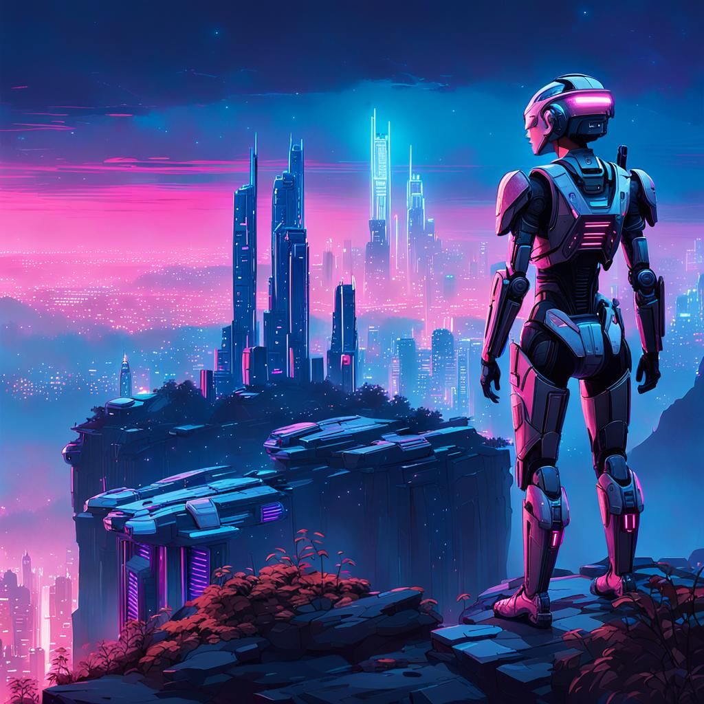 Cyberpunk Woman Overlooks Overgrown Cityscape at Night