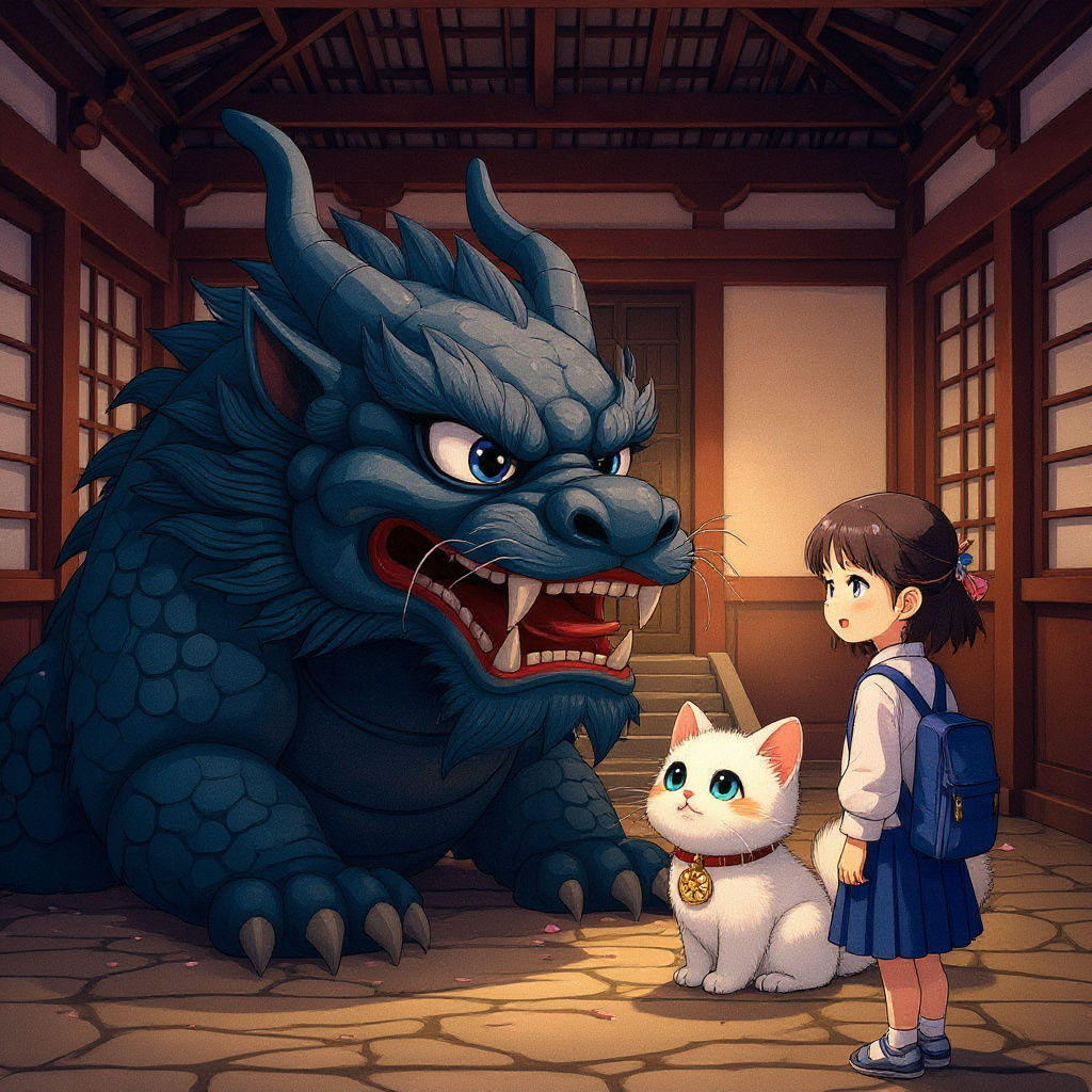 Kitten and Dragon in Blooming Cherry Blossom Garden