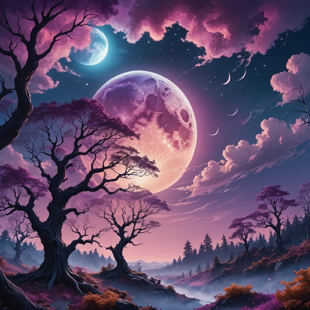 Glowing Moon over Iridescent Forest Landscape