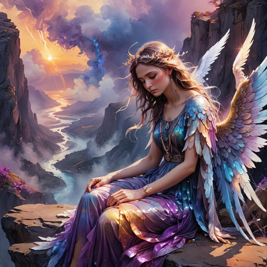 Crying Angel Over Mystical Landscape in Fantasy Art
