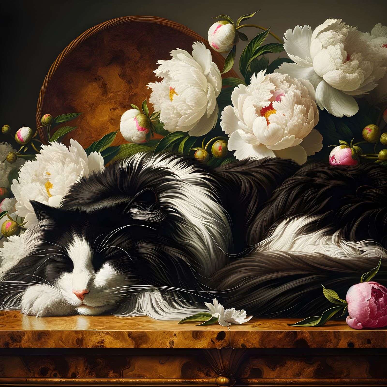 Long-Haired Cat Sleeps on Peonies, Antique Illustration Styl...