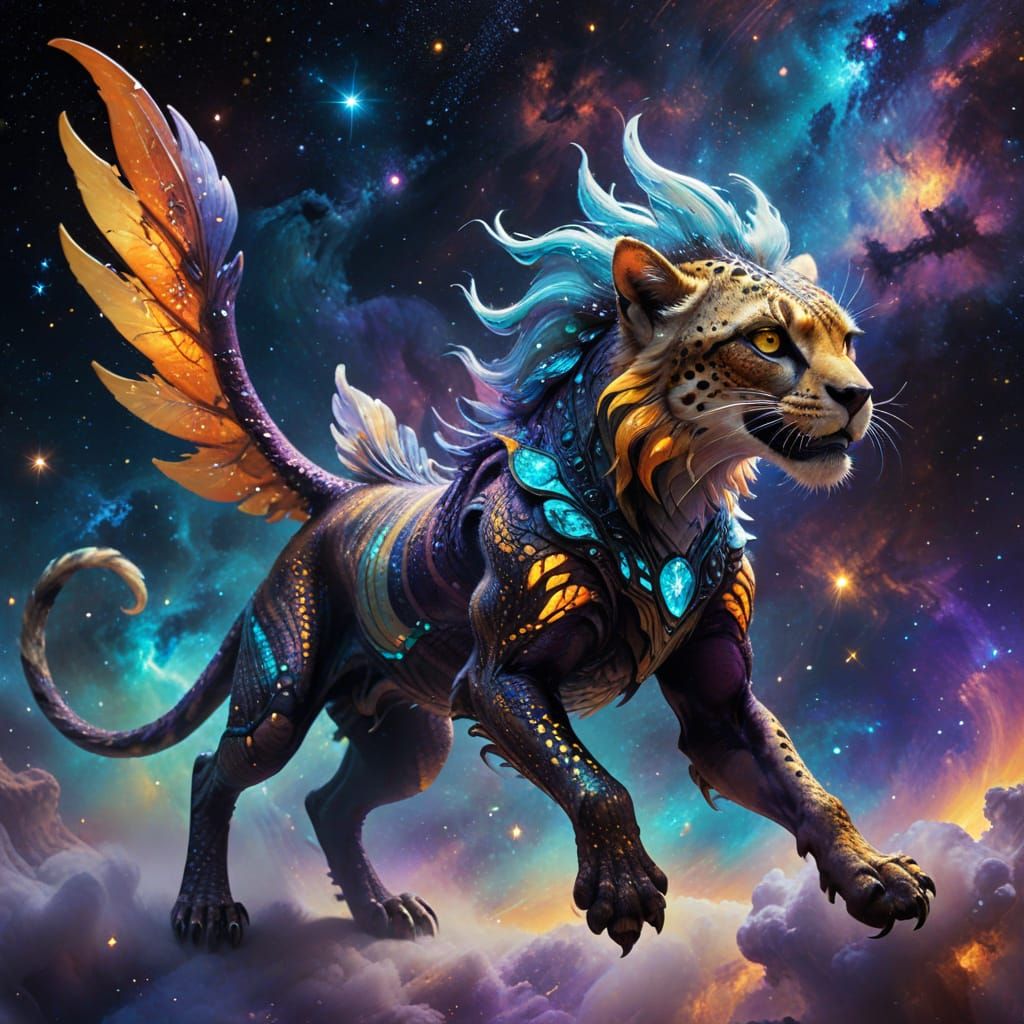 Ethereal Cosmic Chimera in Vibrant Nebula