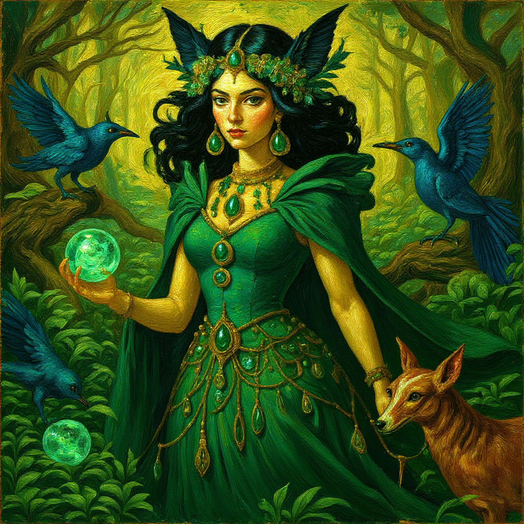 Surly sorceress, emerald bejeweled, dazzling, folk art, forest, by android jones