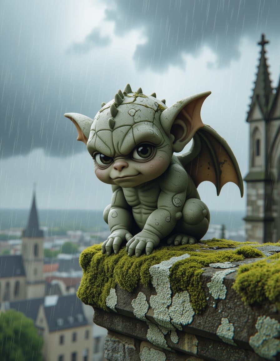 Chibi Gargoyle in Stormy Rain, Tilt-Shift Style