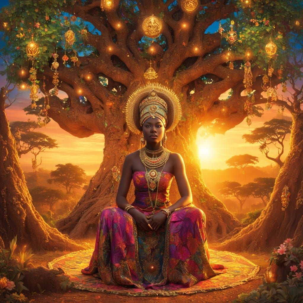 African Goddess as Empress Under Baobab Tree