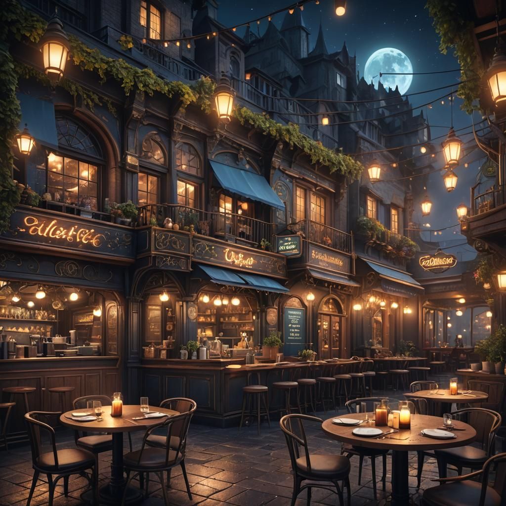 Fantastical Night Cafe in Detailed Matte Painting