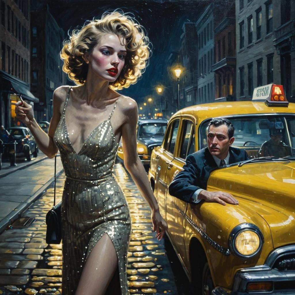 Seductive Woman Steps into 1950s Taxi in Edward Hopper's Dar...