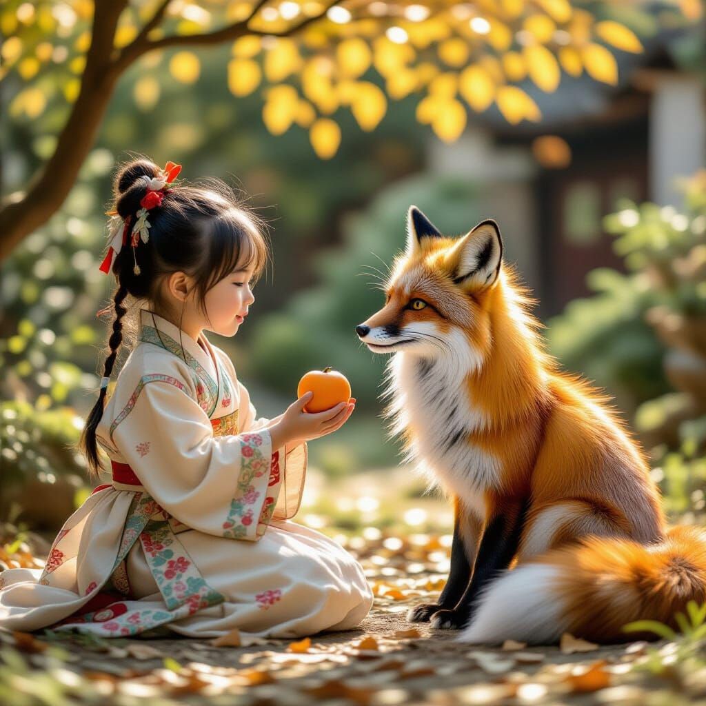 Girl Offers Persimmon to Fox in Abandoned Garden