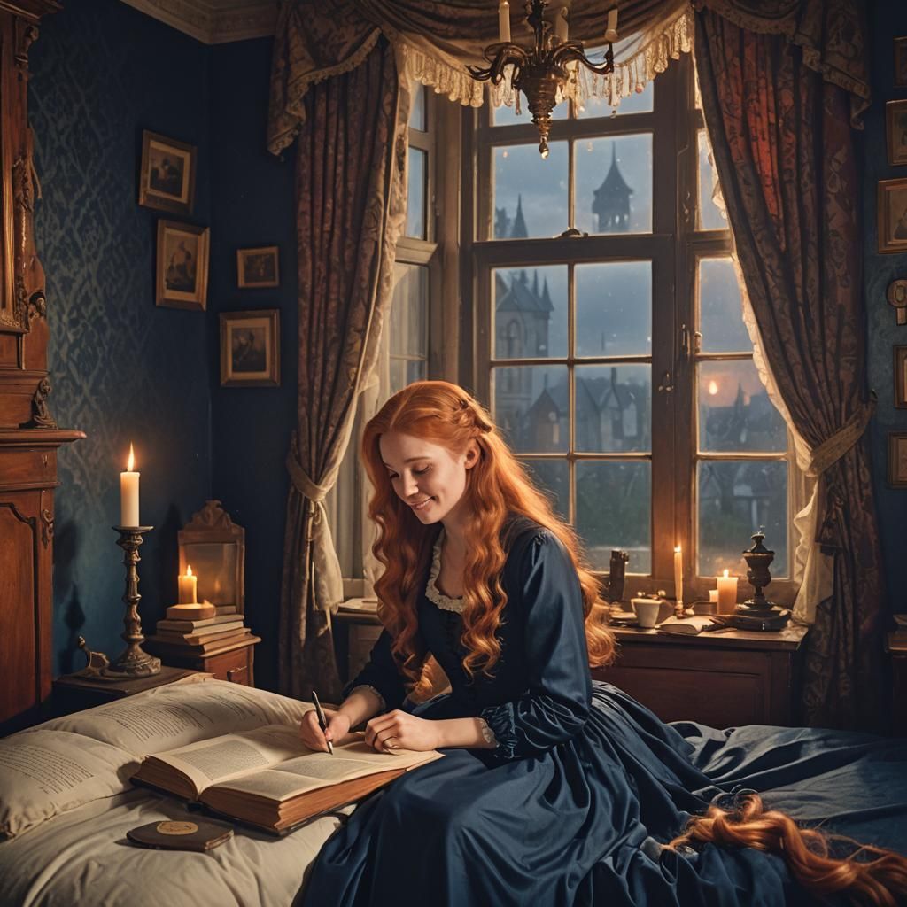 Victorian Woman Writing Letter in Candlelight