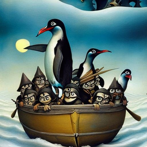 Penguin Pirates on Icy Sea, Watercolor Illustration