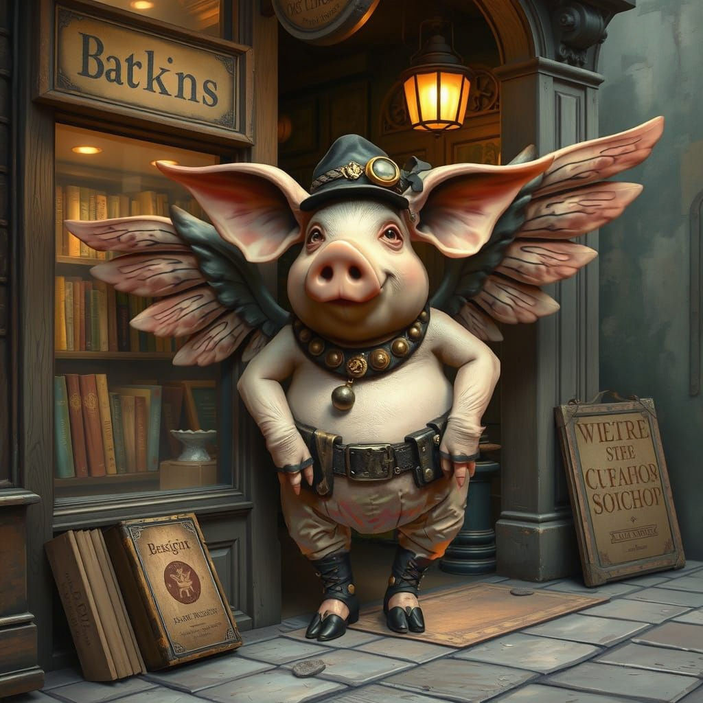 Steampunk Pig Postillion Outside Bookshop