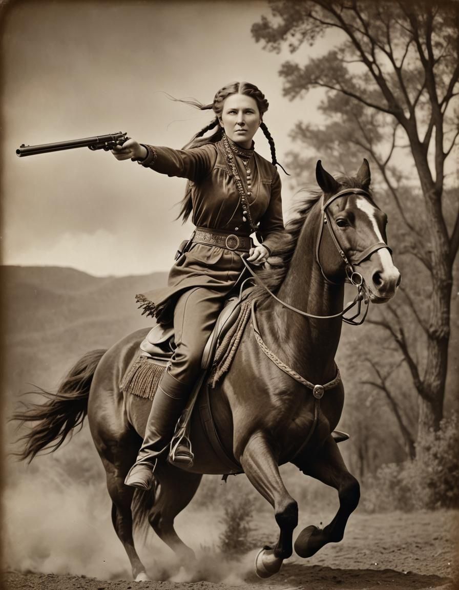 Annie Oakley Portrait Riding Horse with Rifle