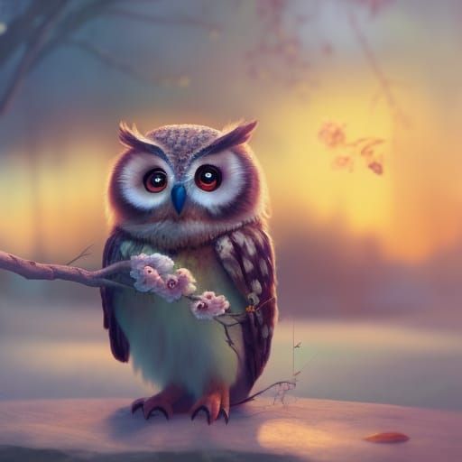 Owl with Flowers, Detailed Hyperrealistic Digital Art