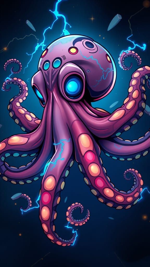 Glowing Octopus Superhero in Vibrant Deep Blue
