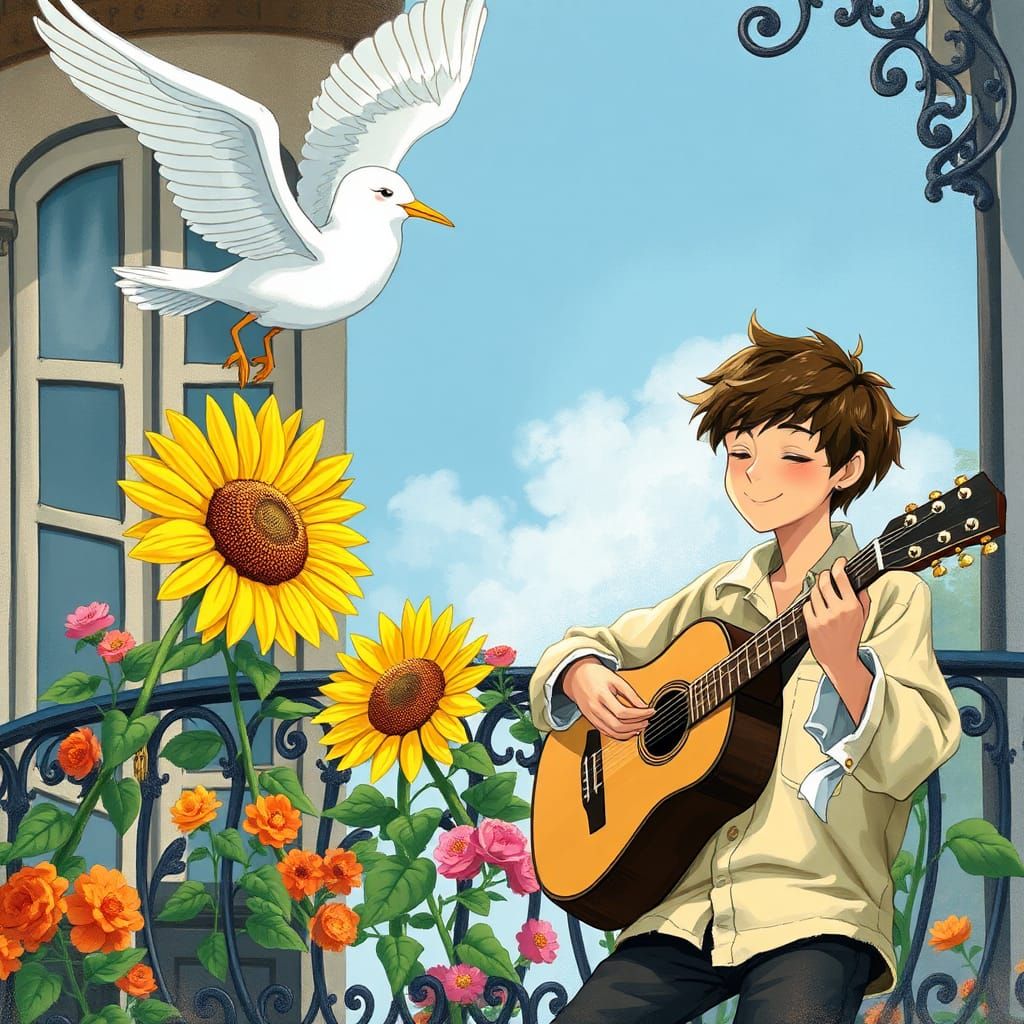 Whimsical Seagull Serenade: A Dreamlike Balcony Scene