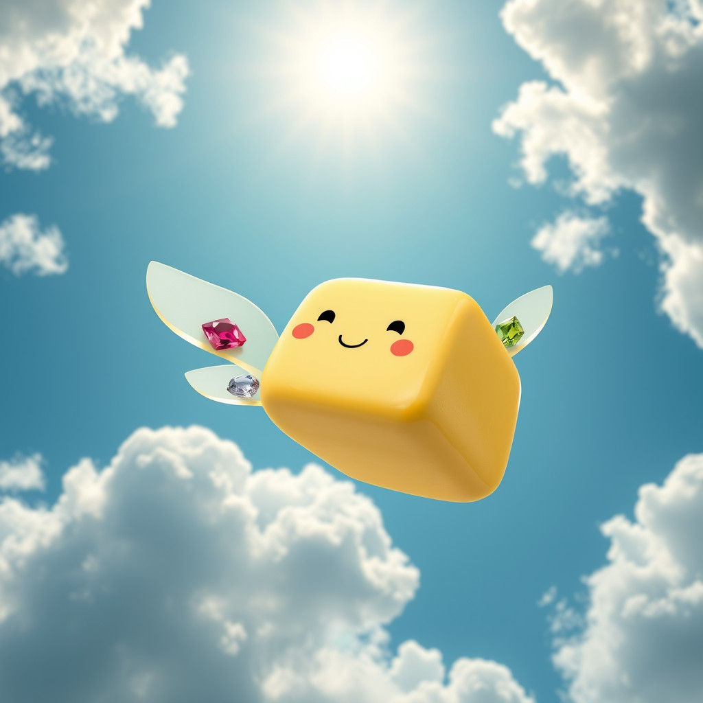 Flying Butter Pat with Gems in Dreamlike Sky
