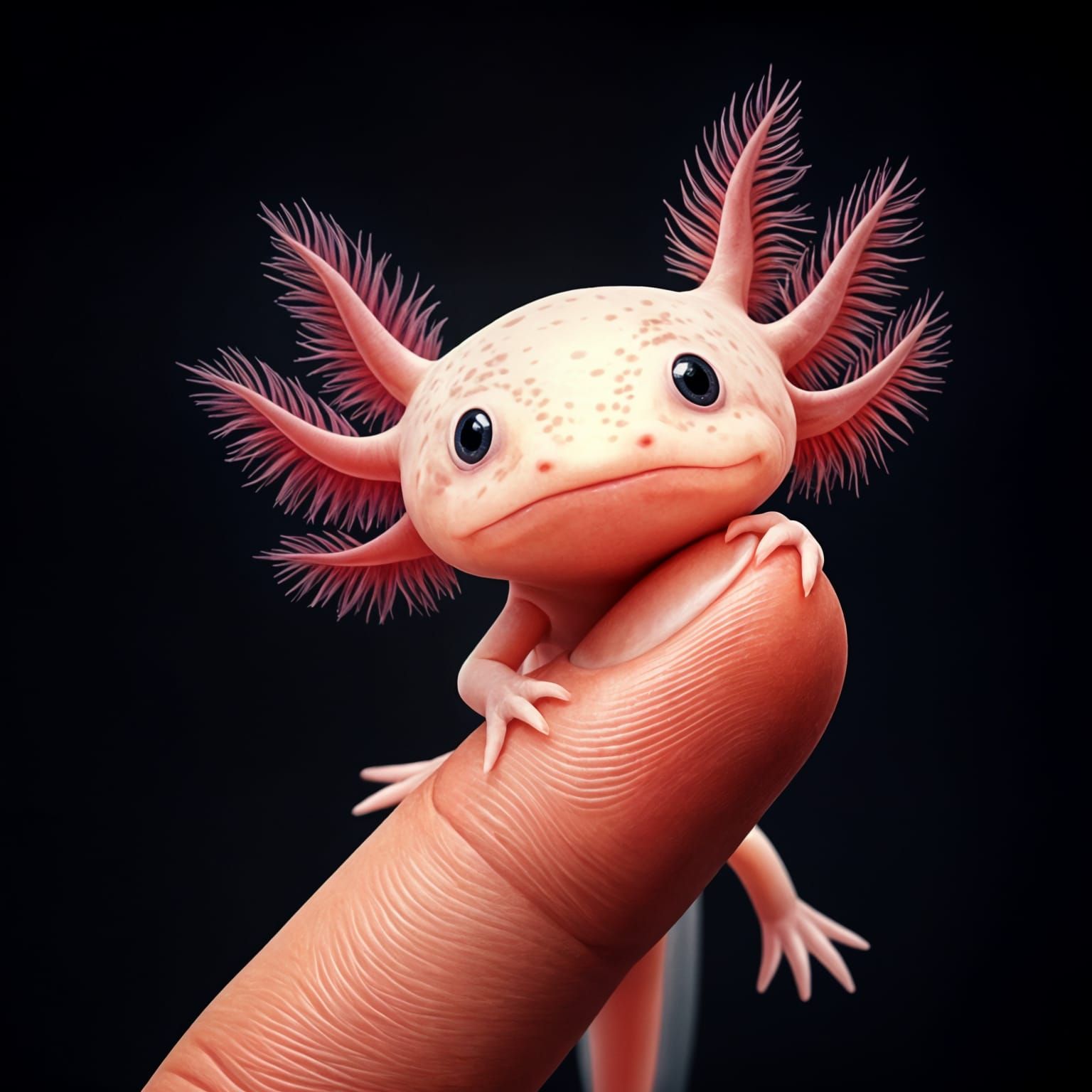 Cute Pink Axolotl Snuggles Human Finger