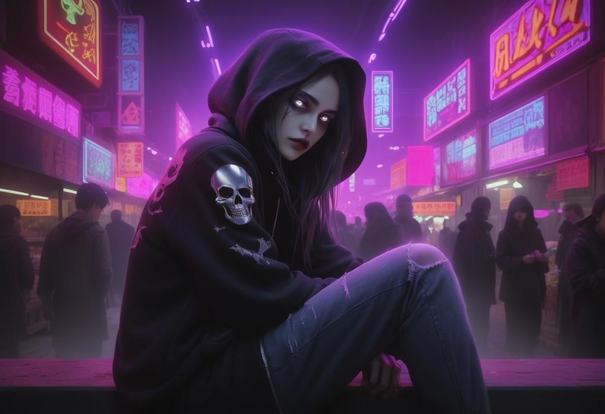 Vampire Girl in Cyberpunk Vaporwave Night Market